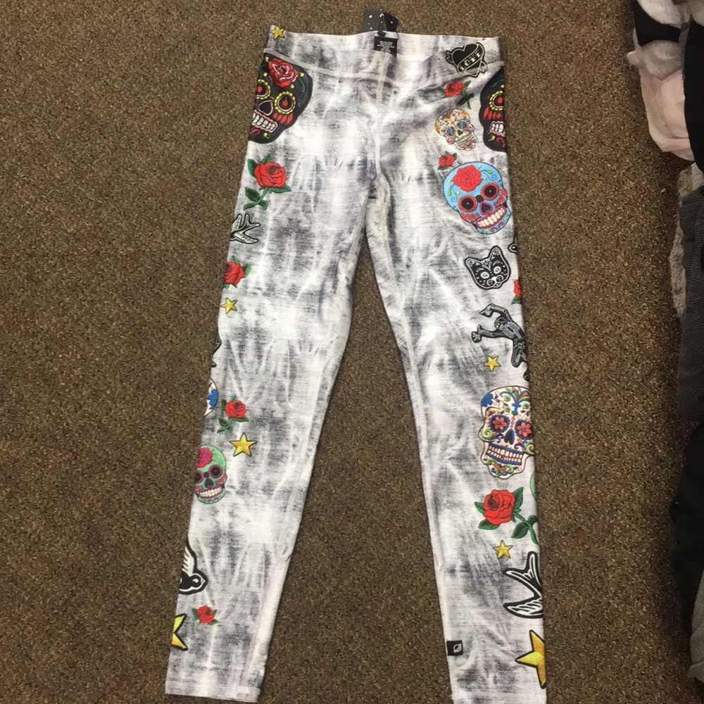 Terez White Marbled Leggings with Colorful Sugar Skull & Rose Prints